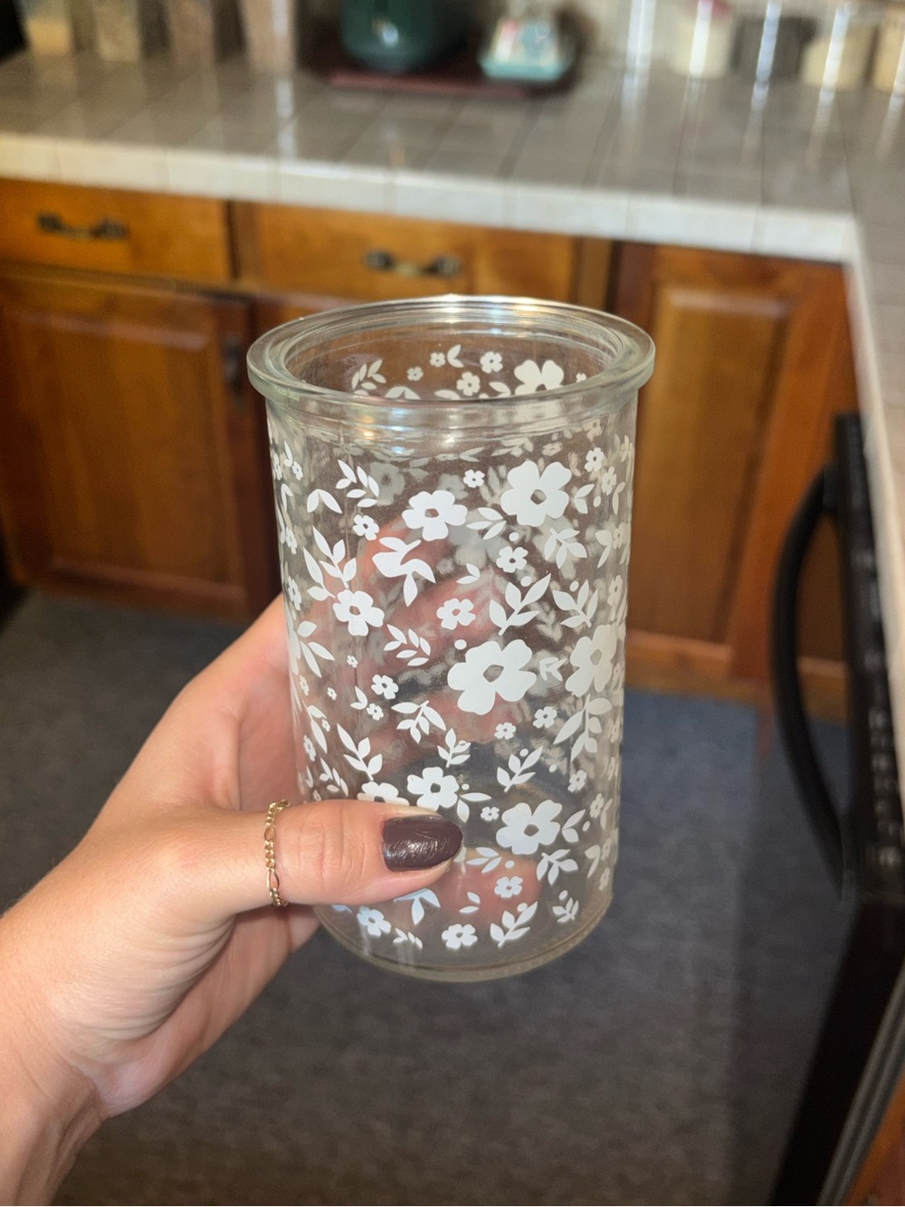 Clear Glass with White Floral Pattern